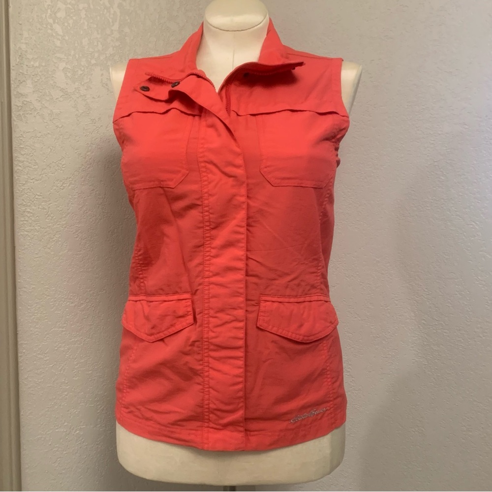 Eddie Bauer S Coral Vest Lightweight Windbreaker Zippered Pockets Orange Pink